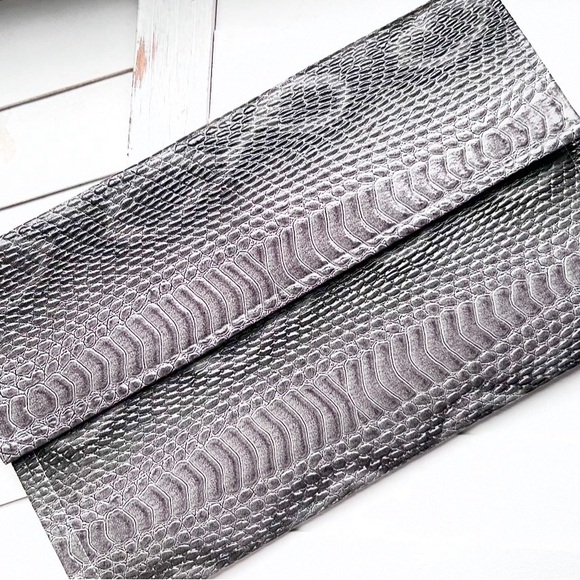 Handbags - Metallic Snake-Embossed Foldover Clutch
